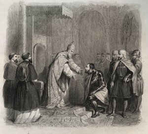 Papa S. Pio V (Pio ou Pio) (1566-1572) recebendo o vencedor da Batalha de Lepante. Gravura de 1846 em "Vidas dos Santos". Coleção privada. de Anonymous Anonymous