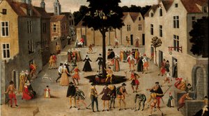 Tradição popular: "Festa popular em torno do Arbre de Mai (olmo) em Paris" Pintura anónima. Sol do século XVI. 0,7x1,3 m Paris, Musee Carnavalet de Anonymous Anonymous