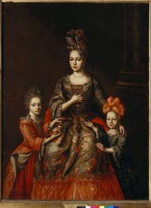 "Retrato de Anastasia Naryshkina, esposa do governador de São Petersburgo, e das suas filhas Alexandra e Tatyana" Pintura anónima, início do século XVIII Dim 180x130,8 cm Galeria Estadual Tretyakov, Moscovo de Anonymous Anonymous