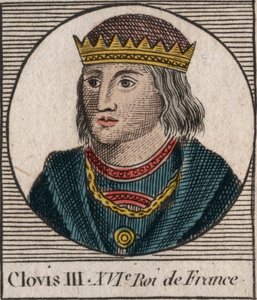 Retrato de Clóvis III, Rei dos Francos de 691 a 695 - CLOVIS III Merovingian King of Neustria e Austrasia - gravura de "Instruction sur l