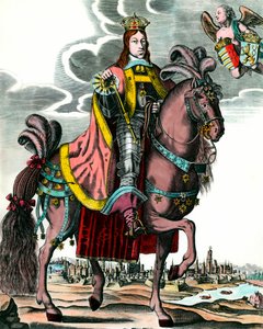 Retrato de Leopoldo I, Santo Imperador Romano - Retrato Equestre de Leopoldo I (1640 - 1705) Rei da Hungria, Boémia, Dalmácia, Croácia e Imperador Germânico. Gravura do século XVII. Coleção particular. de Anonymous Anonymous