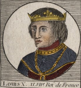 Retrato de Louis X le Hutin (1289 - 1316), Rei de França - Louis X (1289-1316) o Teimoso, Rei de França e Navarra - gravura de "Instruction sur l
