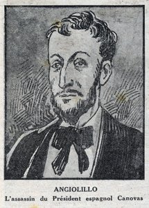 Retrato de Michele Angiolillo Lombardi dit Jose Sants ou Rinaldini, anarquista italiano (1871-1897) assassino do Presidente do Conselho Espanhol, Antonio Canovas del Castillo (1828-1897). Gravura em "L
