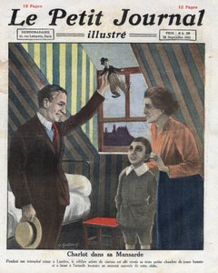 Retrato do ator Charlie Chaplin viajando para Londres, visitando seu antigo quarto, ele oferece ao filho da família uma bonequinha de Charlot. Ilustração tirada de "Le petit journal illustrious" de 23/09/1921. Coleção Particular de Anonymous Anonymous