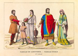 Retratos e figurinos de uma família de lavradores e uma família nobre no século V, gravura - coleção particular de Anonymous Anonymous