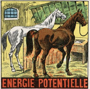 Energia potencial: cavalos descansando em um estábulo. Ilustração anónima de 1925. Colecção privada. de Anonymous Anonymous