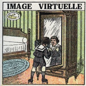 Reflexão da luz: imagem virtual. Uma criança a contemplar o seu reflexo num espelho. Ilustração anónima de 1925. Coleção particular. de Anonymous Anonymous