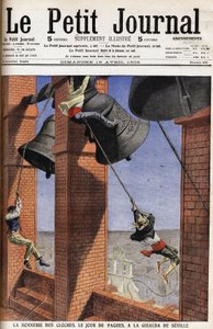 Costumes religiosos na Andaluzia: O sino toca no dia da Páscoa na Giralda de Sevilha, em Espanha. Gravura na manchete do Jornal da Petição de Anonymous Anonymous