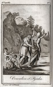 Representação de Deucalion e Pyrrha, os únicos sobreviventes após o dilúvio causado por Zeus para destruir a raça humana. Themis, depois do dilúvio, pede-lhes que andem com a cabeça coberta, atirando atrás deles os ossos de sua mãe (as pedras da Terra) (Re de Anonymous Anonymous