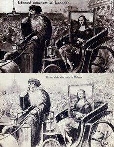 Representação de Leonard de Vinci (Leonardo da Vinci) (1452-1519) trazendo de volta sua obra "A Mona Lisa" (Mona Lisa, Monna Lisa) após o roubo da obra de Vincenzo Peruggia (1881-1925) que ocorreu em 21/08/1911. Cartão postal de comédia de Anonymous Anonymous