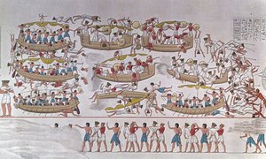 Representação da Batalha do Delta do Nilo entre as Armees de Ramsés III e os Povos do Mar" De um relevo ao templo funerário de Medinet Habou, Egipto de Anonymous Anonymous