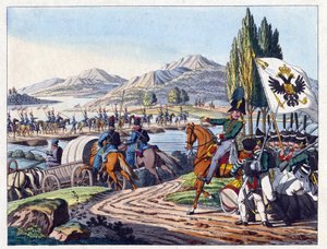 Exército russo cruza o rio Pruth na Moldávia em maio de 1828 - Anônimo - 1829 - Gravura, aquarela - 37,9x24,4 - Coleção Privada de Anonymous Anonymous