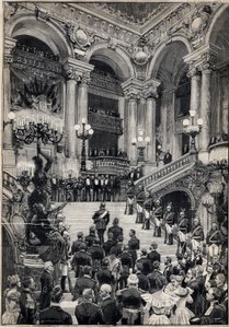 Marinheiros russos sobem a grande escadaria durante uma noite de Gala na Ópera Garnier em Paris. Gravura no "Le Petit Parisien" em 29/10/1893. de Anonymous Anonymous