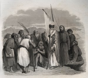 Santo Atanásio de Alexandria (Atanásio o Grande) (295-373) visitando os solitários do Egito. Gravura de 1846 em "Vidas dos Santos". Coleção privada. de Anonymous Anonymous