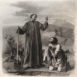 São Bento de Nursia dá as boas-vindas a Totila (século VI) rei dos Ostrogodos. Gravura de 1846 em "Vidas dos Santos". Coleção particular. de Anonymous Anonymous