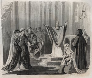 São Dunstan (ca. 909-988), eveque de Cantuária, beneditino e reformador da vida monástica na Inglaterra, anunciando sua morte iminente ao povo. Gravura de 1846 em "Lives of the saints". Coleção privada. de Anonymous Anonymous