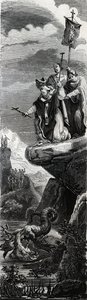Frente Santa (primeira evangelizadora do Perigord) (século III) precipitando o dragão na Dordogne - Gravura de 1846 em "Vidas dos Santos". Coleção particular. de Anonymous Anonymous