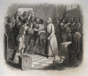 São Nicolau (Nicholas) de Flue ou Irmão Klaus (1417-1487), um eremita suíço que reconciliava os confederados suíços que estavam prestes a iniciar a guerra civil. Gravura de 1846 em "Vidas dos Santos". Coleção privada. de Anonymous Anonymous