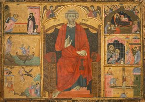 São Pedro num trono rodeado de cenas bíblicas (pintura sobre madeira) de Anonymous Anonymous