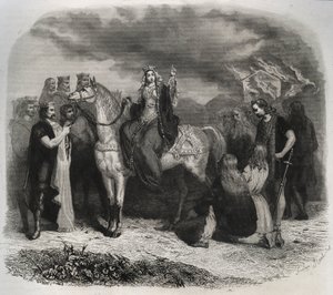 Saint Radegonde (Radegonde de Poitiers, 519-587) queimou um templo Paiano e converteu os gauleses à religião cristã. Gravura de 1846 em "Vidas dos Santos". Coleção particular. de Anonymous Anonymous