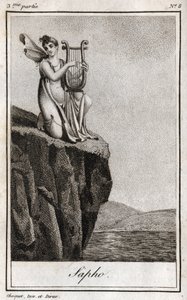 Sapho (ou Sappho, século VII a.C.), poeta grego da Antiguidade. Gravura de 1819 em "Lettres a Emilie sur la mythologie" de Charles Albert Demoustier (1760-1801). Coleção particular. de Anonymous Anonymous