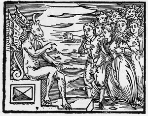 Satanás exige um pacto dos novos feiticeiros - "Compendium Maleficarum", trata das bruxas, do seu mal e das suas sortilégios por Francesco Maria Guazzo ou Guaccio ou Guaccius (15?? -16??) 1608 Coleção Privada de Anonymous Anonymous