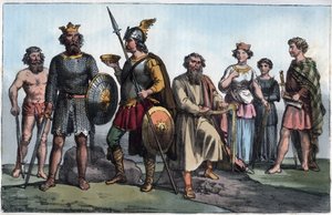 Guerreiro Saxão e Saxões Anglo - Guerreiro Saxão e Saxões Anglo - gravura de "Usos e Costumes de Todos os Povos do Universo". Ou seja, a História do Governo, Leis, Milícias e Religião de todas as Nações desde os tempos mais remotos até o presente. de Anonymous Anonymous