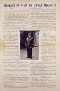 Segunda Guerra Mundial e Vichy regime: mensagem do chefe de Estado francês Philippe Petain publicada após o armistício assinado pela França em junho de 1940 e apresentando o programa da Revolução Nacional, outono de 1940. Coleção Particular de Anonymous Anonymous