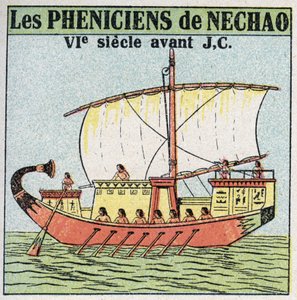 Navios e navios: Marinheiros fenícios ao serviço do Faraó Nechao no século VII AC. Ilustração anónima a partir de 1925. Coleção privada. de Anonymous Anonymous