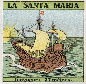 Navios e navios: Santa Maria, caravela de Cristóvão Colombo (1451-1506) quando ele descobriu a América em 1492. Ilustração anônima de 1925. Coleção privada. de Anonymous Anonymous