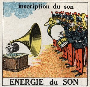 Energia sonora: gravação da música de uma banda militar com um gramofone. Ilustração anônima de 1925. Coleção particular. de Anonymous Anonymous