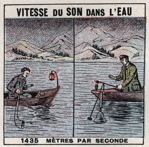 Energia sonora: velocidade do som na água. Experiência de 1826-1827 por Jean Daniel (Jean-Daniel) Colladon (1802-1893) e Charles Francois Sturm (1803-1855) no Lago Genebra (Lago Leman). Dois barcos atracados a 14 km de distância entre si, um dos barcos sup de Anonymous Anonymous