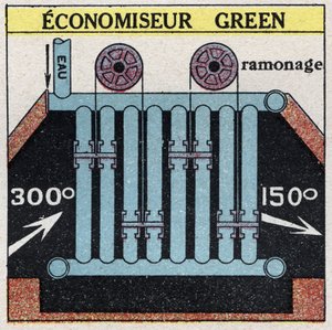Geradores de vapor: Economizador verde para uma caldeira. Ilustração anónima de 1925. Coleção privada. de Anonymous Anonymous