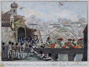 Ataque da cidade de Leipzig pelas tropas Aliadas - bataille de Leipzig ou bataille des nations (16-19 sctobre 1813) - Anónimo - 1813 - Gravura, aguarela - 33,3x27 - Colecção Privada de Anonymous Anonymous