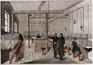 Central telefónica construída segundo o sistema de telecomunicações Edison Gower-Bell - primeira central telefónica em Paris em 1879 - sistema do americano Frederick Gower - gravura em "La nature" de 1880 de Anonymous Anonymous