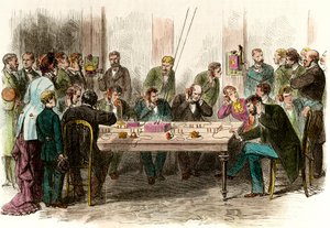 Experiência telefônica na sala de espera da estação Saint Lazare (Saint-Lazare), em Paris, em 6/09/1879. Gravura da Coleção Privada do século XIX de Anonymous Anonymous
