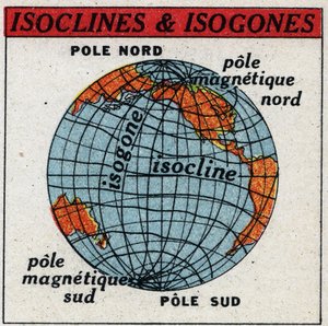 Magnetismo terrestre: Mapa magnético mostrando isoclins e isogones. Ilustração anônima de 1925. Coleção privada. de Anonymous Anonymous