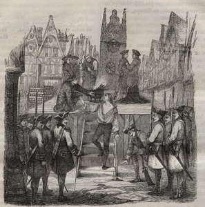 O Cavaleiro François-Jean Lefebvre de La Barre (François Jean Lefebvre de LaBarre) ascende ao cadafalso em 1766. Gravação em "Histoire des bagnes depuis leur création à nos jours" (1877) por Pierre Zaccone (1817-1895) (Colonia Penale - colônia penal