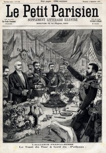A aliança franco-russa: o brinde do czar Nicolau II (1868-1918) em homenagem ao presidente francês Felix Faure (1841-1899) a bordo do Pothau. Em "Le Petit Parisien" em 5/09/1897. Coleção Particular de Anonymous Anonymous