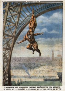 O alfaiate francês de origem austríaca Franz (ou François) Reichelt (1879-1912) inventor de um pára-quedas que quer experimentar o seu avião atira-se da primeira plataforma da Torre Eiffel e suicida-se. Gravura no "Le Petité Journal", em de Anonymous Anonymous