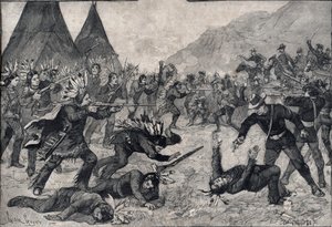 A revolta dos índios nos Estados Unidos: uma luta entre os índios Sioux e as tropas americanas. Gravura em "Le petit Parisien", de 1891. Coleção privada. de Anonymous Anonymous