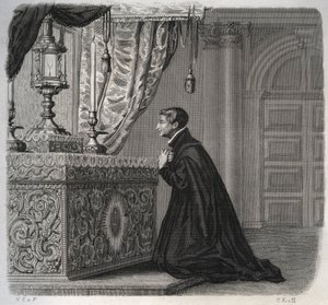 O italiano Jesuite Louis de Gonzague (San Luigi Gonzaga) (1568-1591) em oração. Gravura de 1846 em "Vidas dos Santos". Coleção privada. de Anonymous Anonymous