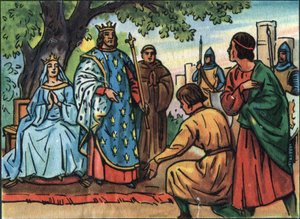 O Rei da França Saint Louis (Louis IX 1214-1270) fazendo justiça sob o carvalho do Bois de Vincennes. Ilustração anónima na "Collection des souverains et chefs d
