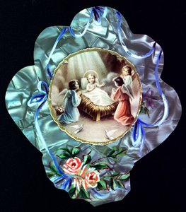 Os Nativite. O Menino Jesus rodeia os anjos Imagem piedosa. Cartão postal Dentelee. Coleção Particular de Anonymous Anonymous