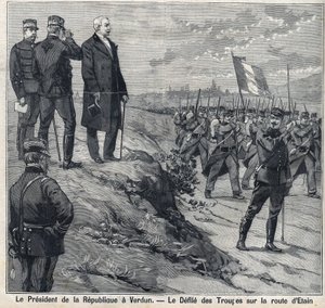 O Presidente da República Felix Faure (1841-1899) visita Verdun (Meuse): o despojo da escola militar da estrada de Etin. Gravura em "Le Petro Parisien" (Le Petro Parisien) de Anonymous Anonymous