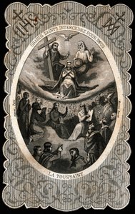 A Virgem Maria com a Santíssima Trindade (Deus, Jesus Cristo e a pomba do Espírito Santo). Cartão Dentelee. Século XIX. Coleção Particular de Anonymous Anonymous