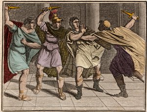 O assassinato do imperador romano Júlio César (Júlio César - Giulio Cesare ou Caio Júlio César) no dia 15 de março 44 a.C. - Gravura do "The Rollin of Youth or Chosen Pieces of Ancient and Roman Stories" 1816 - Coleção particular de Anonymous Anonymous