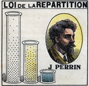 Os átomos: lei de distribuição de Jean Perrin (1870-1942). Ilustração anónima a partir de 1925. Coleção privada. de Anonymous Anonymous