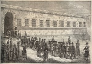 A bagne de Rochefort no século XIX. Gravura em "Histoire des bagnes depuis leur création à nos jours" (1877) de Pierre Zaccone (1817-1895) (Colonia Penale - colônia penal). Coleção particular. de Anonymous Anonymous