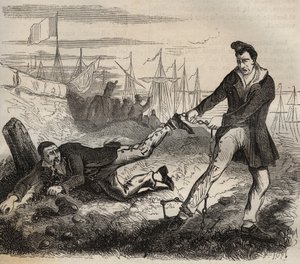O maior tormento do forcate é ser um miserável. Lutar entre dois prisioneiros ligados pela mesma corrente. Bagne de Rochefort, no século XIX. Gravação em "Histoire des bagnes depuis leur création à nos jours" (1877) por Pierre Zaccone (1817-1895) de Anonymous Anonymous